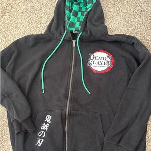 Demon Slayer Black Zip-Up Hoodie with Green Accents